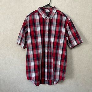 George Red, White & Navy Plaid Short Sleeve Button Down Shirt Men's Size Large